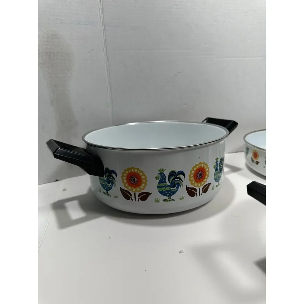 Vtg Lot 3 Enamel Stock Pots Rooster & Poppy Flower‎ 60s 70s Saucer Fry MCM RARE